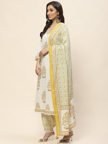 Floral Print Cotton Suit Set With Dupatta