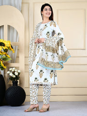 Printed Cotton Blend Kurta With Pants & Dupatta