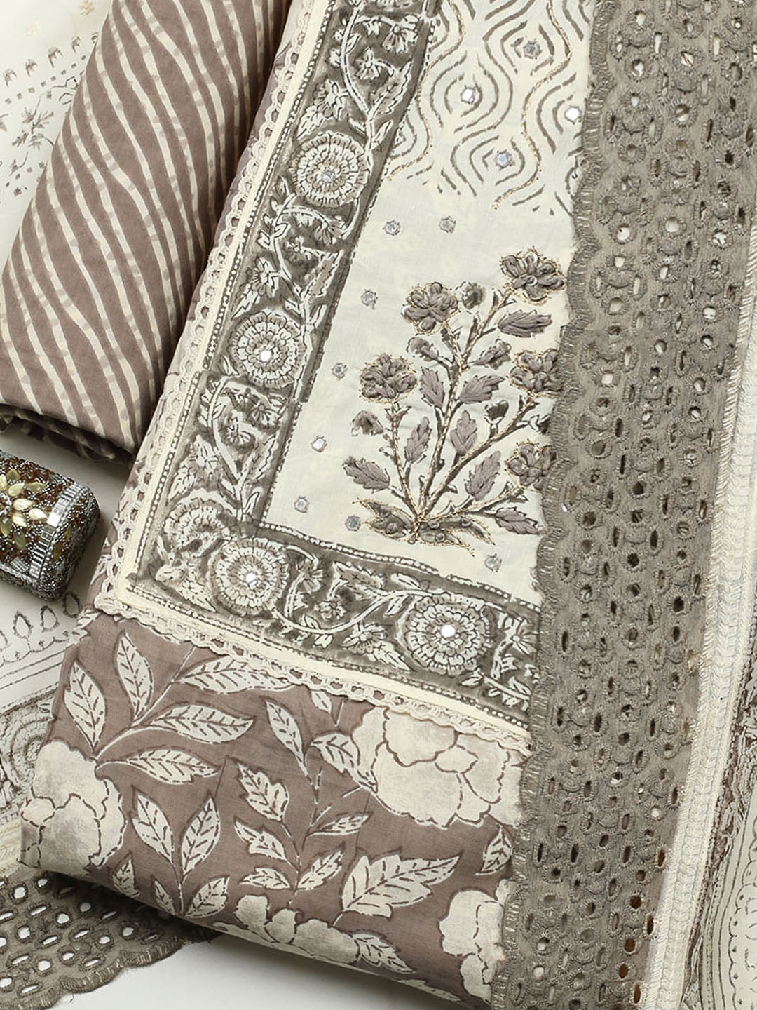 Printed Cotton Blend Unstitched Suit With Pant &amp; Dupatta