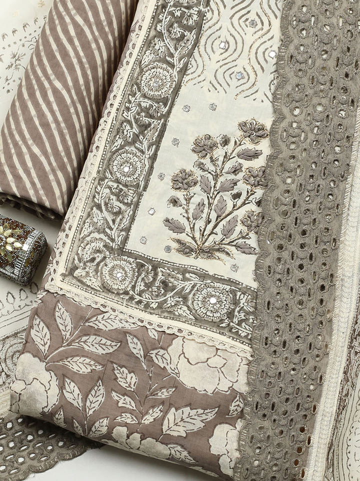 Printed Cotton Blend Unstitched Suit With Pant &amp; Dupatta