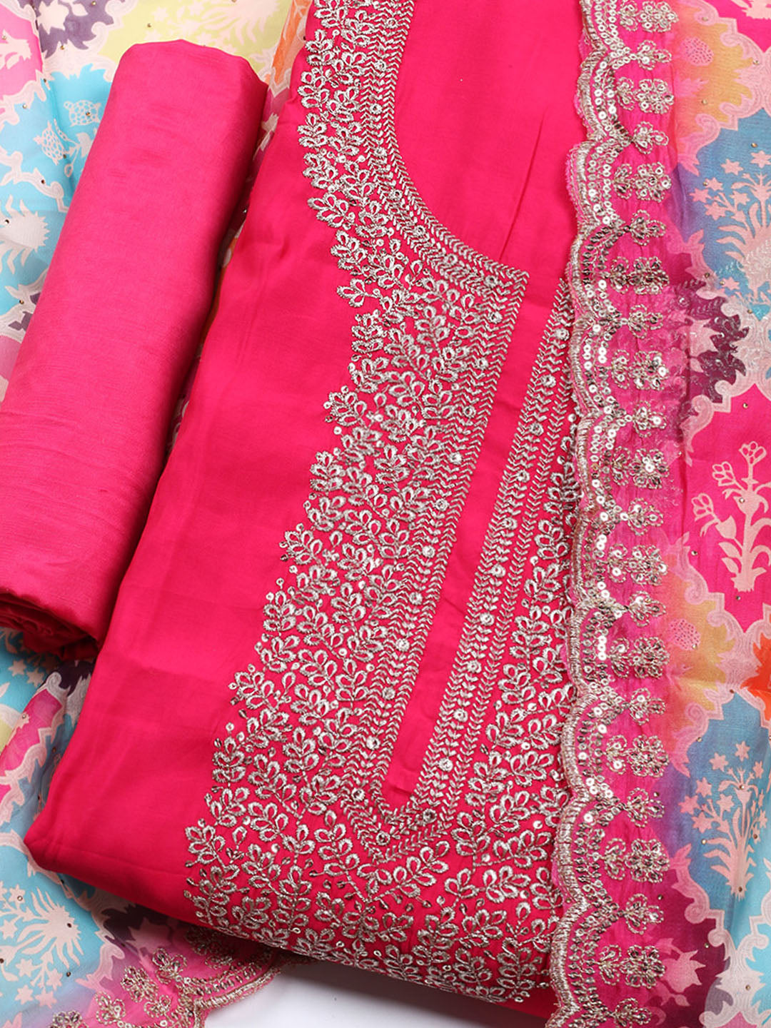 Neck Embroidered Chanderi Unstitched Suit With Dupatta