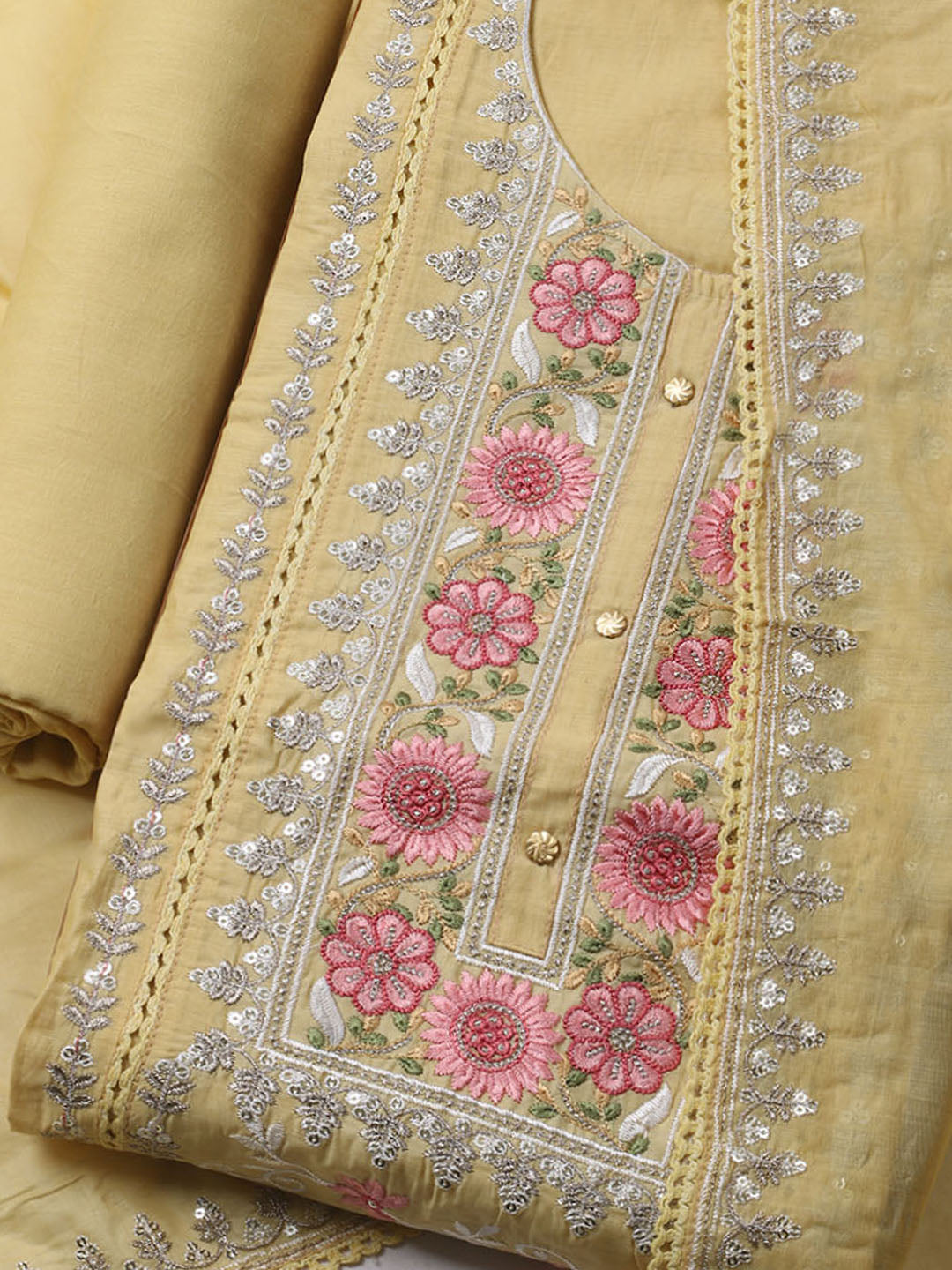 Embroidered Chanderi Unstitched Kurta With Pant &amp; Dupatta