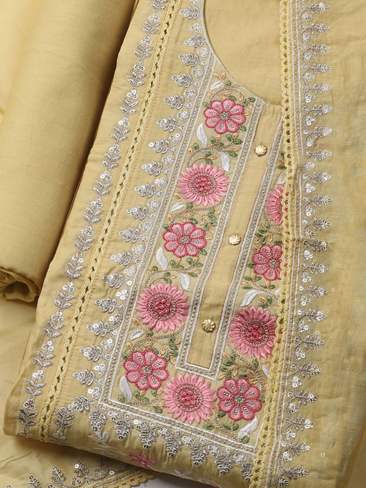 Embroidered Chanderi Unstitched Kurta With Pant &amp; Dupatta