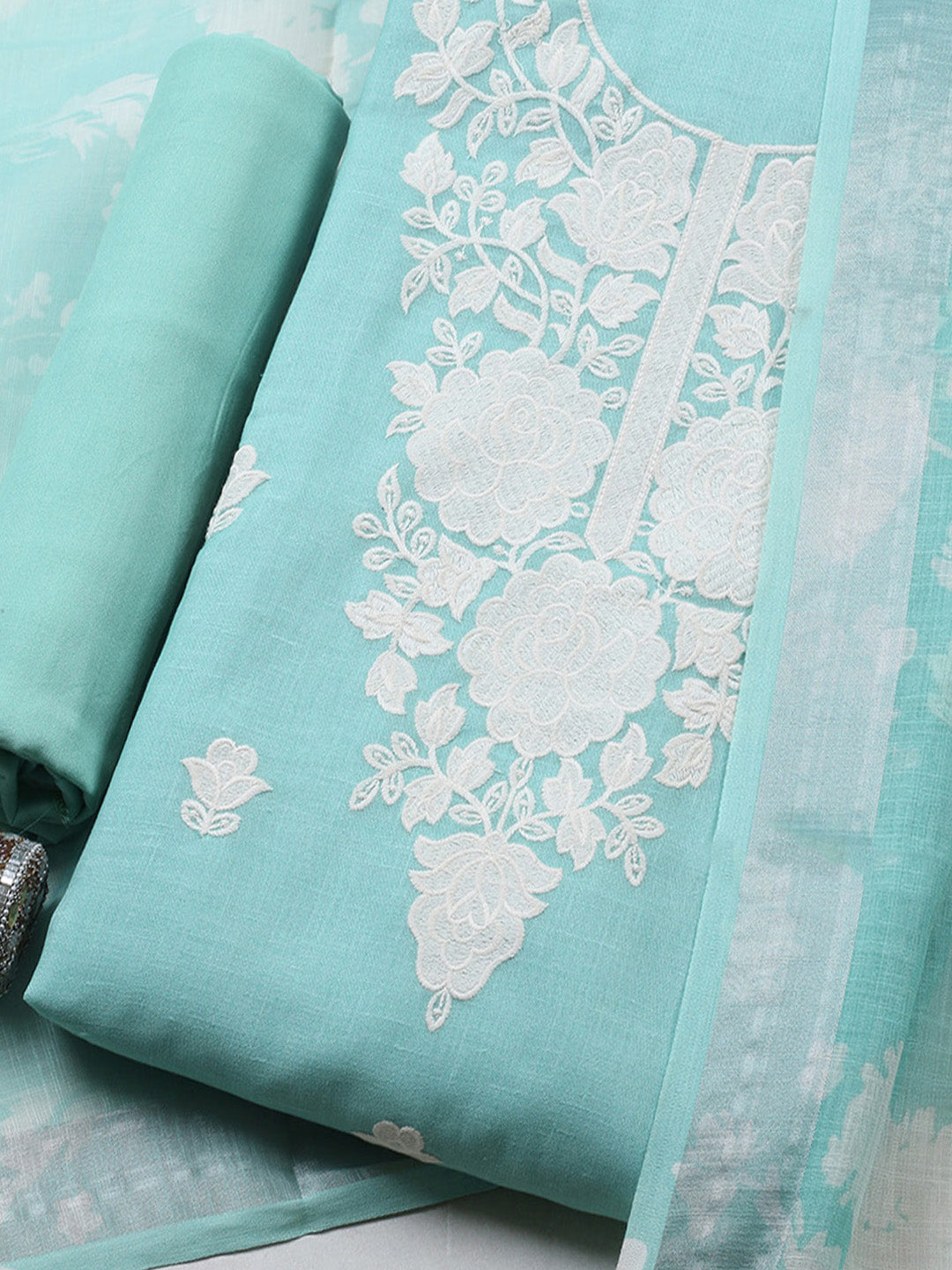 Embroidered Linen Blend Unstitched Suit With Pant &amp; Dupatta