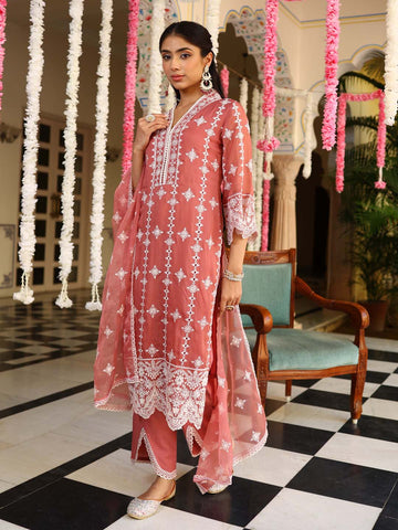 Embroidered Organza Kurta With Pants & Dupatta