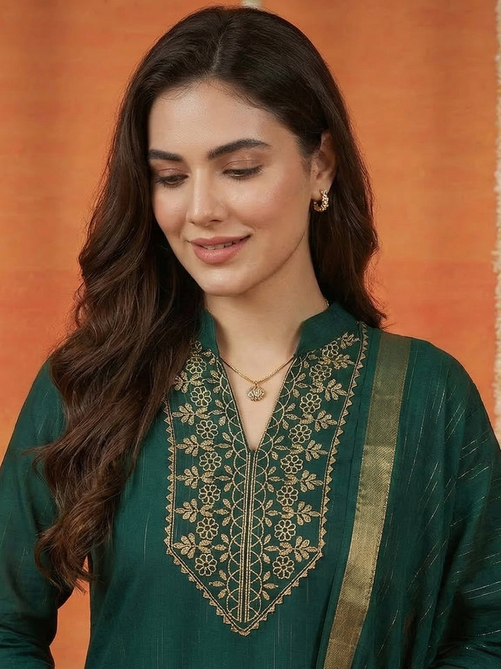 Printed Cotton Blend Kurta With Pant &amp; Dupatta
