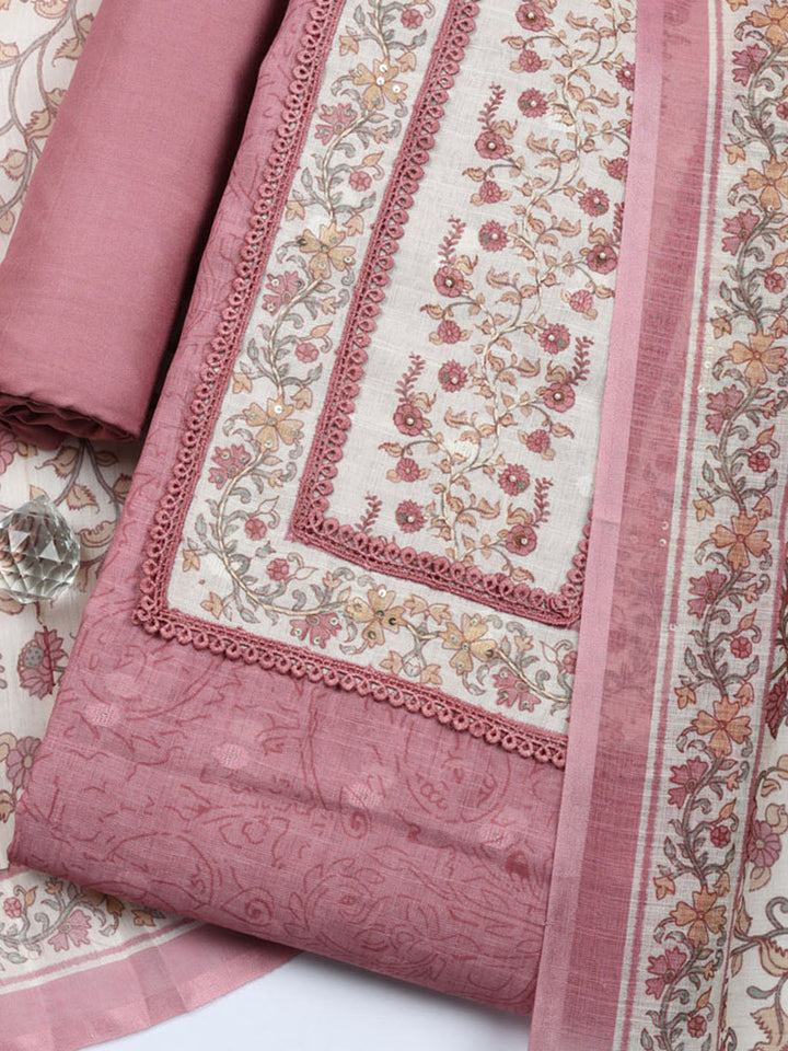 Embroidered Cotton Blend Unstitched Suit With Pant &amp; Dupatta