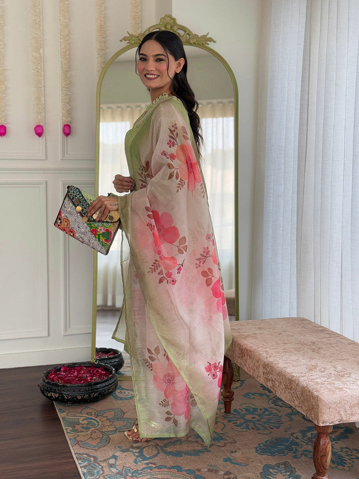 Printed Embroidery Cotton Blend Kurta With Pants &amp; Dupatta