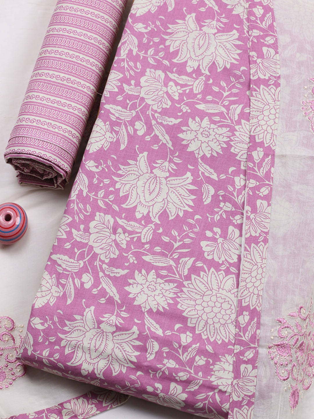 Printed Cotton Blend Unstitched Suit With Pant &amp; Dupatta