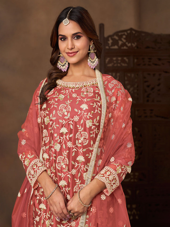 Embroidered Net Semi Stitched Kurta With Plazzo &amp; Dupatta