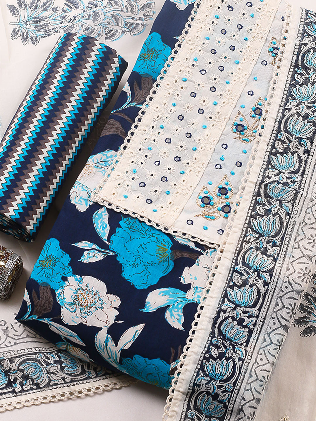 Embroidered Cotton Blend Unstitched Suit With Pant &amp; Dupatta