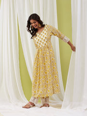 Floral Printed Cotton Anarkali Kurta With Pants