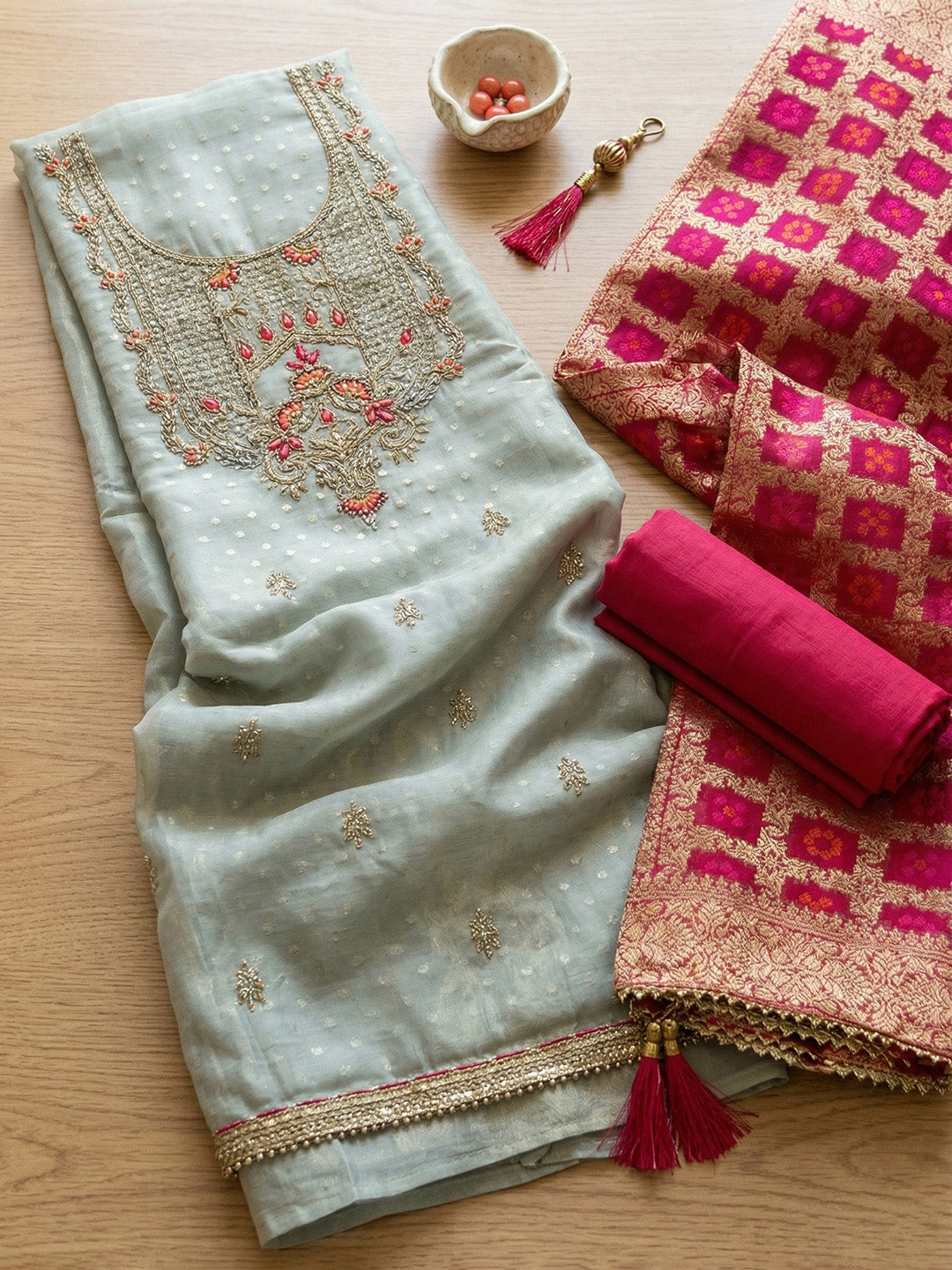 Banarasi Chanderi Unstitched Suit With Pant &amp; Dupatta