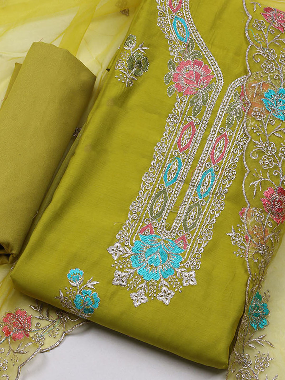 Embroidered Chanderi Unstitched Suit With Dupatta