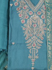 Embroidered Chanderi Rama Green Unstitched Suit With Pant & Dupatta
