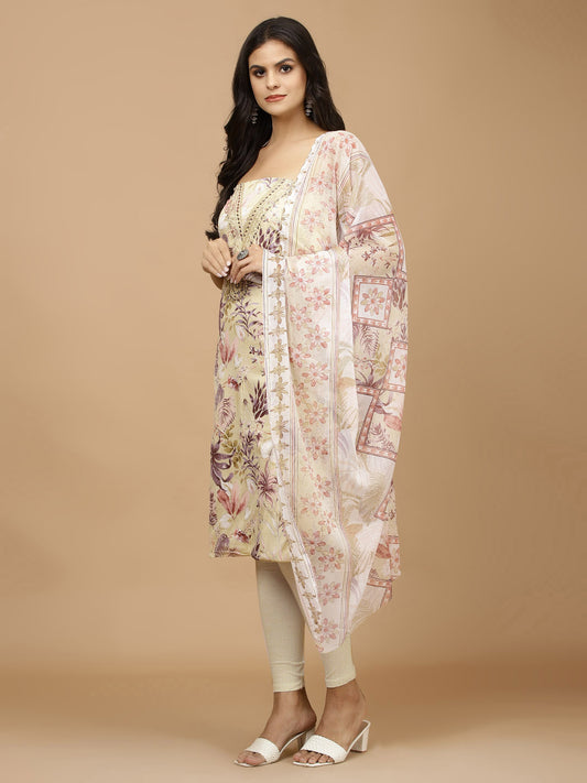 Neck Embroidery & Printed Cotton Unstitched Suit With Dupatta