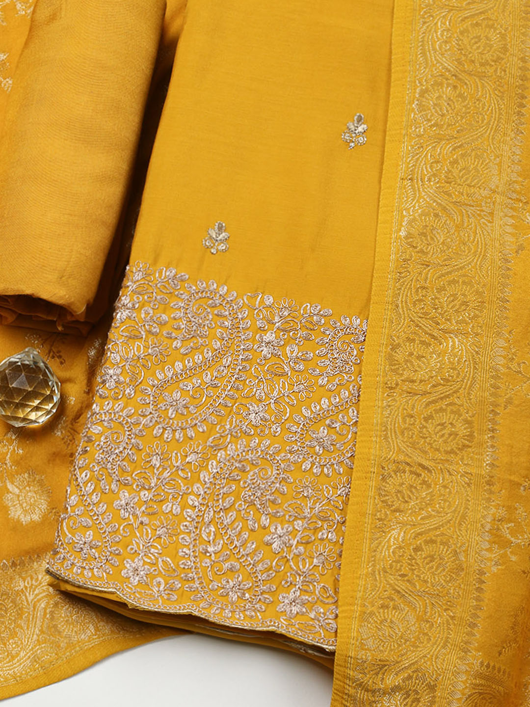 Woven Design Chanderi Unstitched Suit With Pant &amp; Dupatta