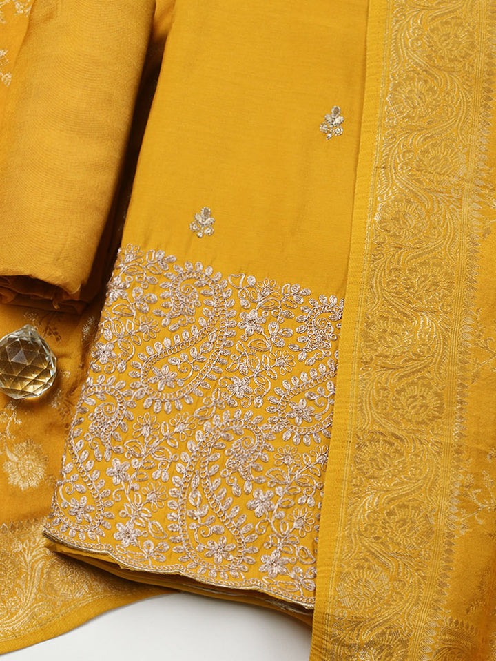 Woven Design Chanderi Unstitched Suit With Pant &amp; Dupatta
