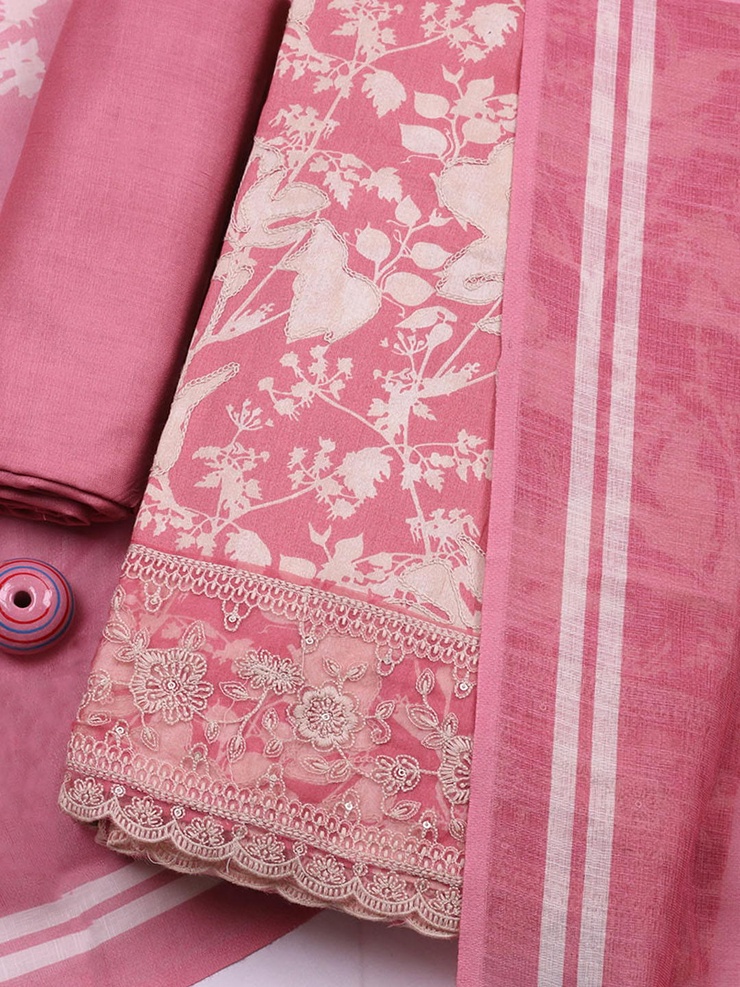 Embroidered Cotton Blend Unstitched Suit With Pant &amp; Dupatta
