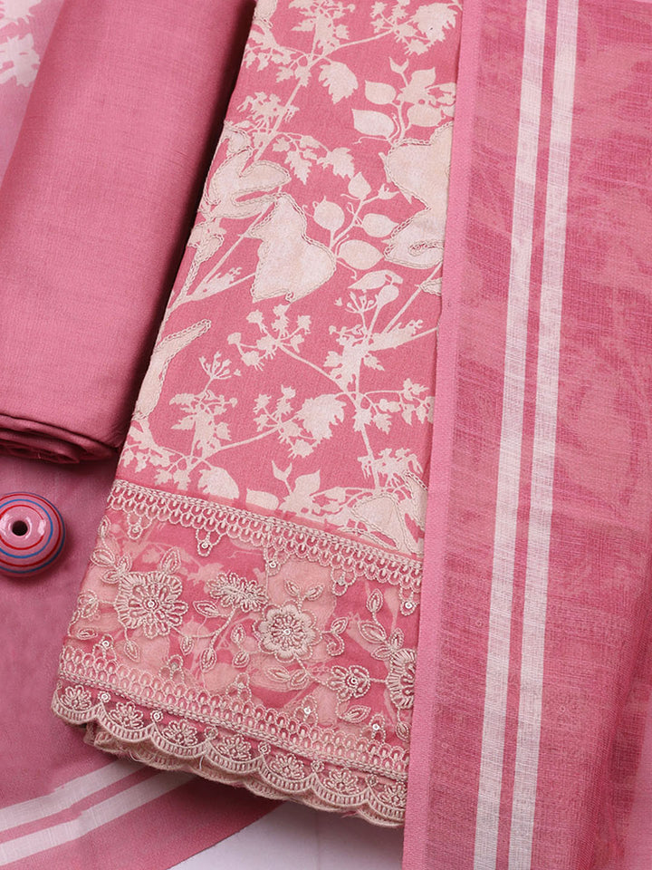 Embroidered Cotton Blend Unstitched Suit With Pant &amp; Dupatta