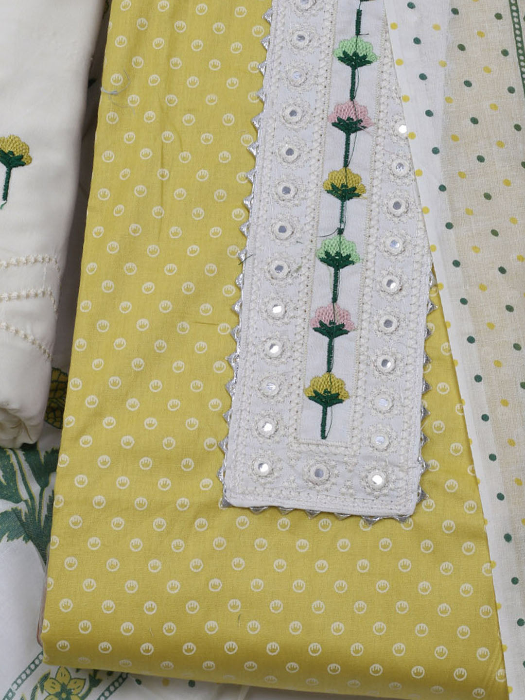 Neck Embroidered & Printed Cotton Blend Unstitched Suit With Dupatta