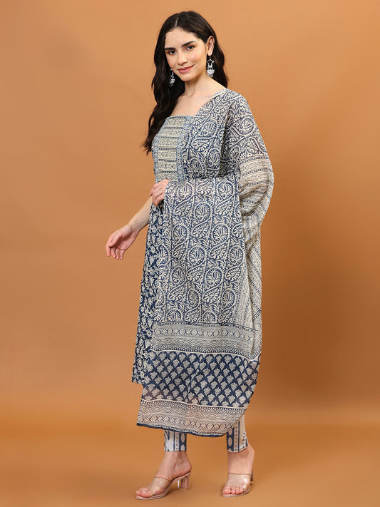 Printed Cotton Blend Unstitched Suit Piece With Dupatta