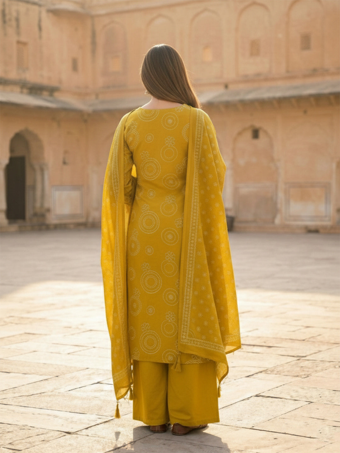 Mustard Cotton Blend Printed Straight Suit Set
