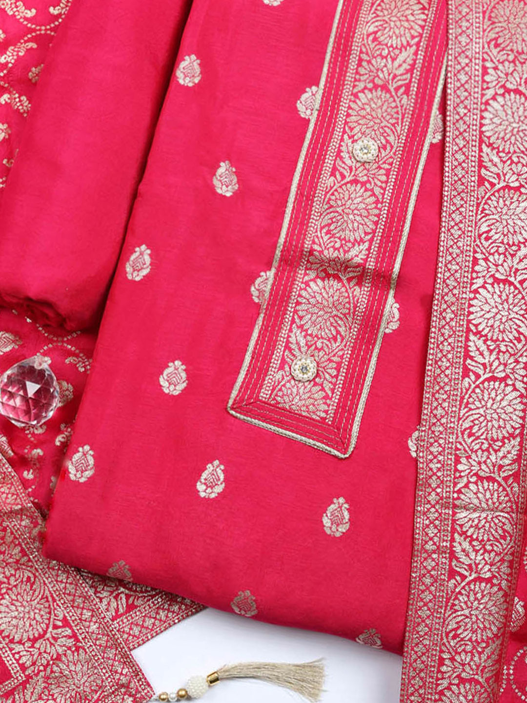 Embroidered Chanderi Unstitched Suit With Pant &amp; Dupatta