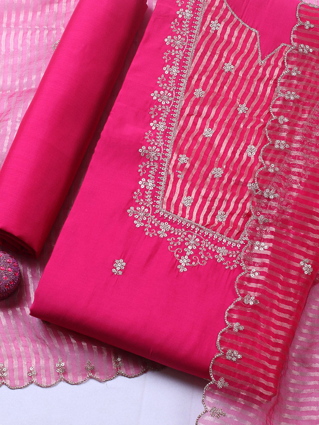 Embroidered Chanderi Unstitched Suit With Pant &amp; Dupatta