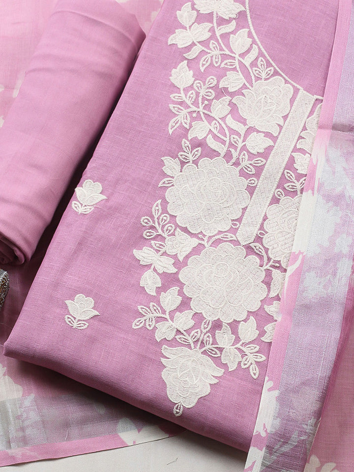 Embroidered Linen Blend Unstitched Suit With Pant &amp; Dupatta