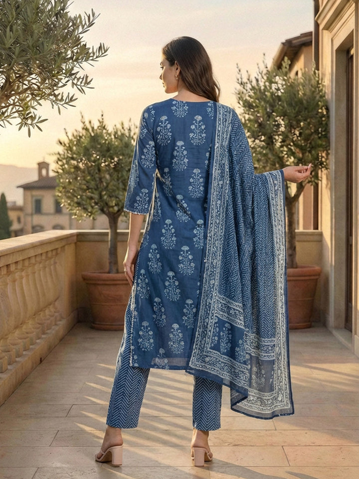 Printed Cotton Kurta With Pant &amp; Dupatta