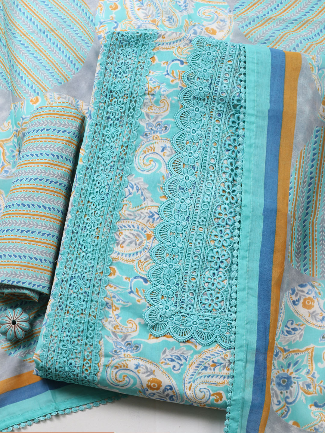 Embroidered Cotton Blend Unstitched Suit With Pant &amp; Dupatta