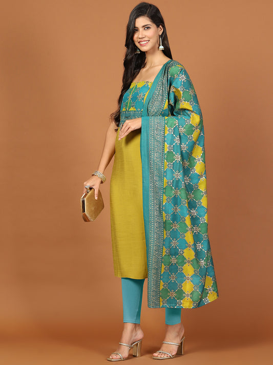 Neck Patch Chanderi Unstitched Suit Piece With Dupatta