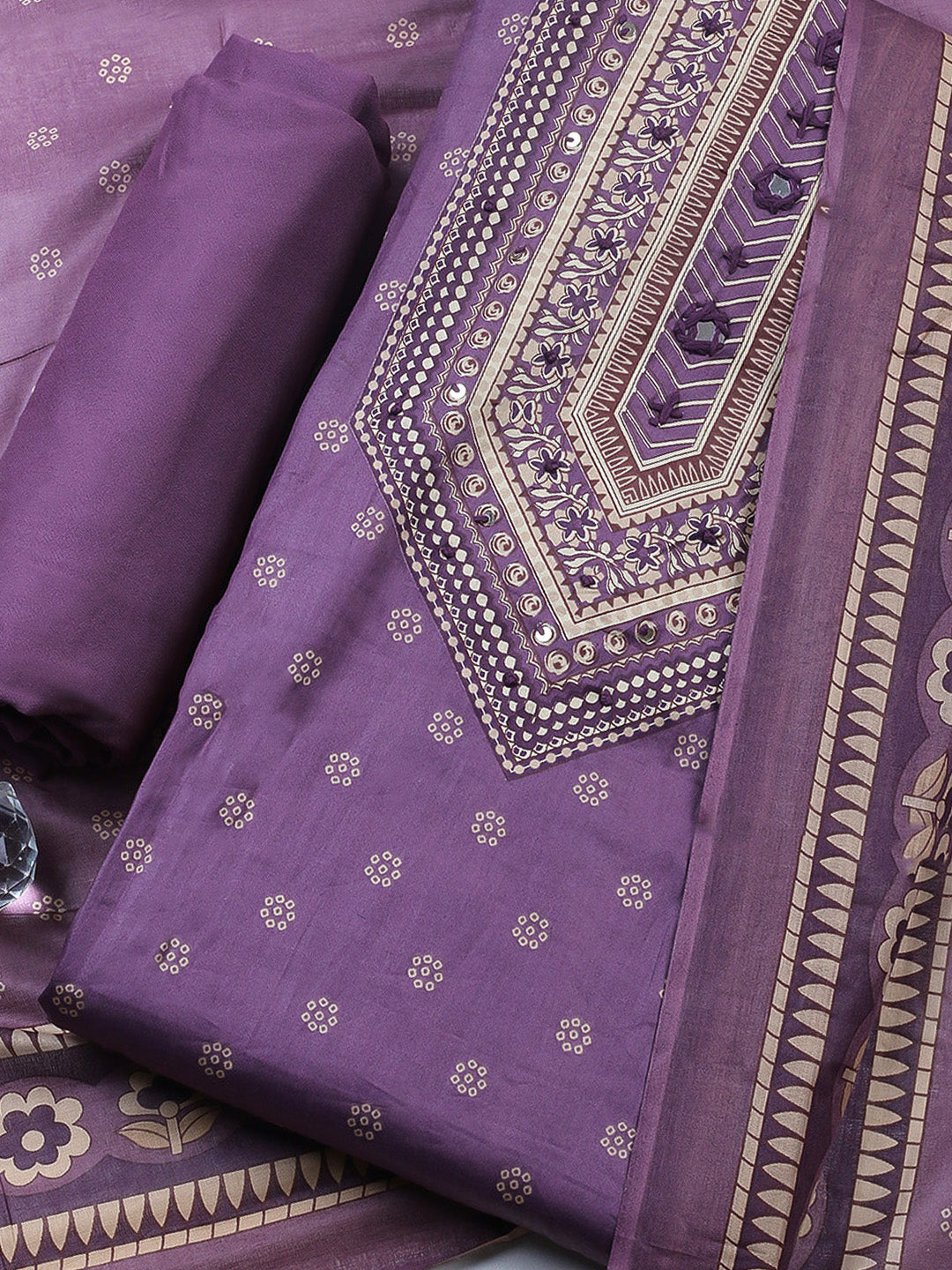 Printed Cotton Blend Unstitched Suit With Pant &amp; Dupatta