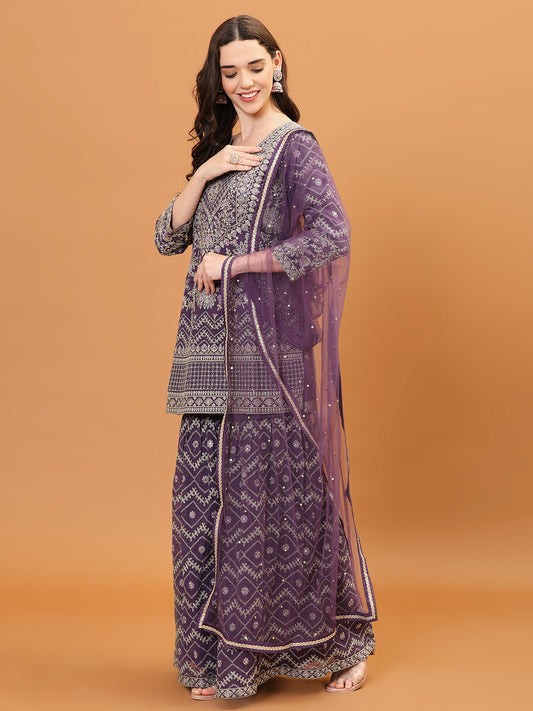 Embroidered Georgette Kurta With Garara & Dupatta