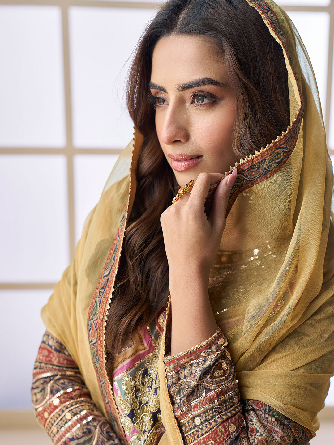 Embroidered Crepe Suit With Pant &amp; Dupatta