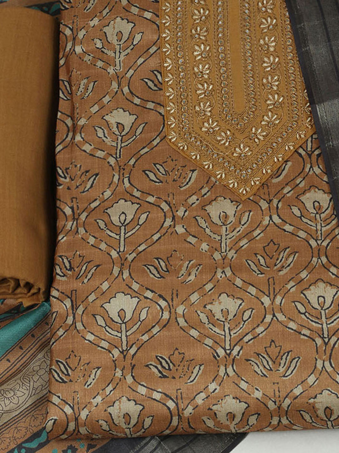 Embroidered Chanderi Unstitched Suit With Pant &amp; Dupatta