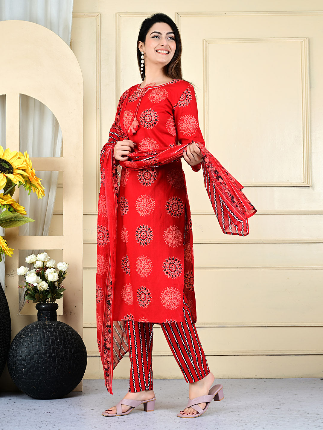 Printed Cotton Blend Kurta With Pants &amp; Dupatta