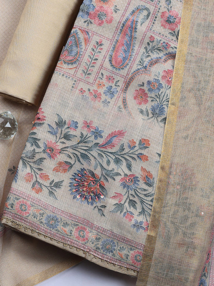 Printed Linen Blend Unstitched Suit With Pant &amp; Dupatta
