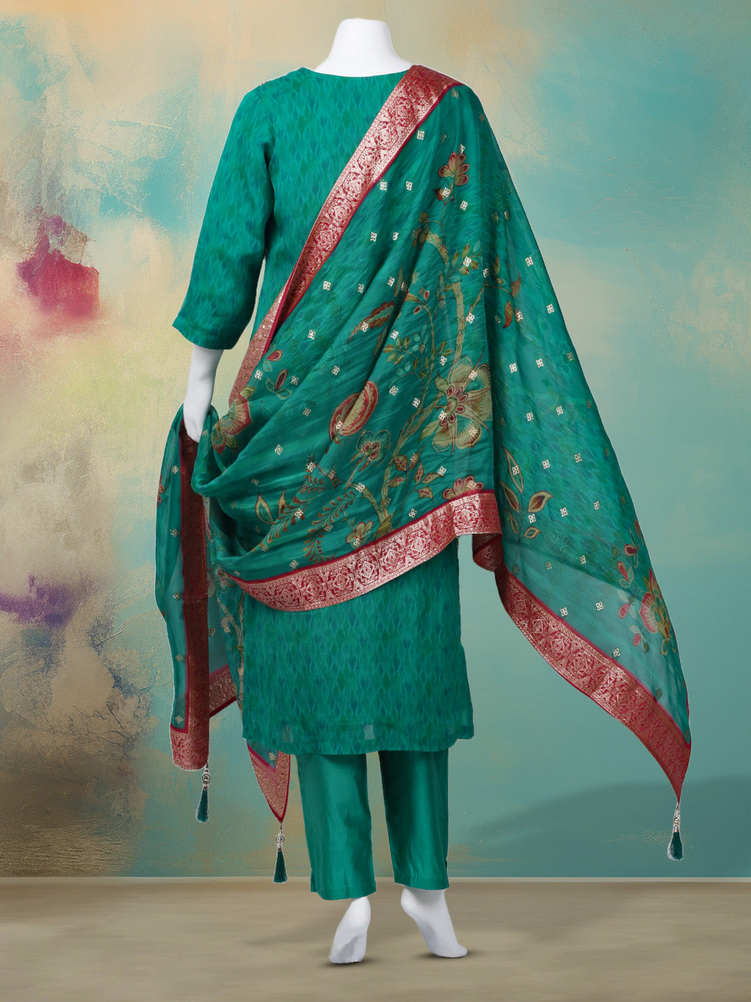 Bandhani Printed Organza Kurta With Pants & Dupatta