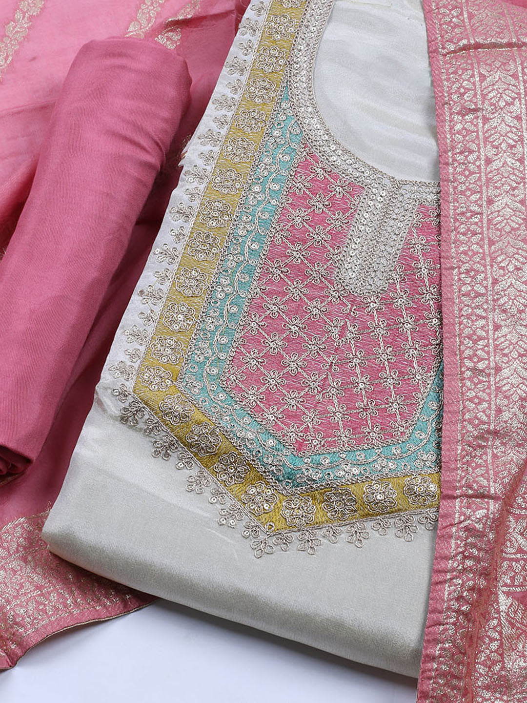 Neck Embroidered Tissue Unstitched Suit Piece With Dupatta