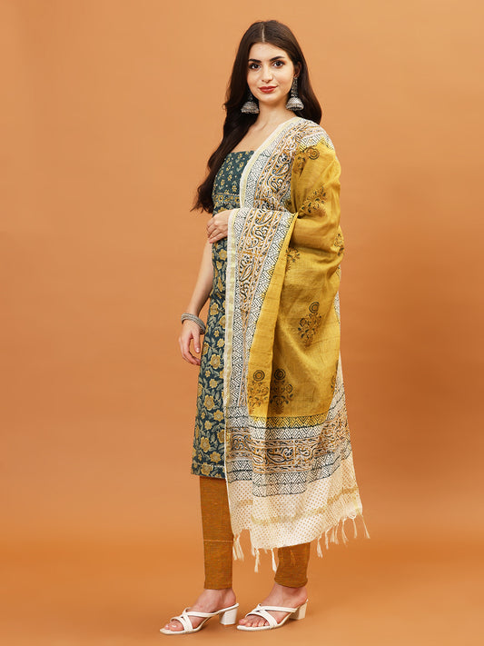 Schiffli Printed Cotton Blend  Unstitched Suit Piece With Dupatta