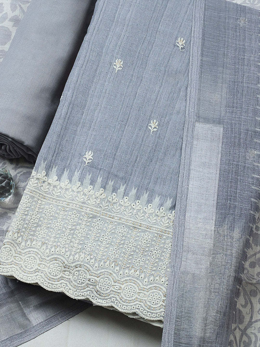 Embroidered Linen Blend Unstitched Suit With Pant &amp; Dupatta