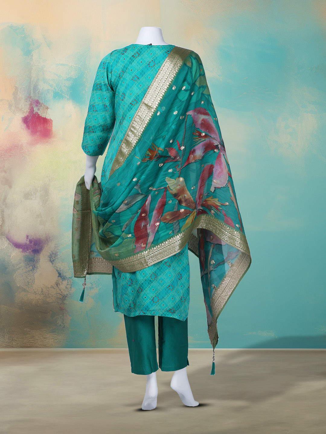 Bandhani Printed Organza Kurta With Pants &amp; Dupatta