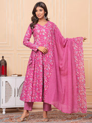 Printed Cotton Blend Kurta With Pants & Dupatta