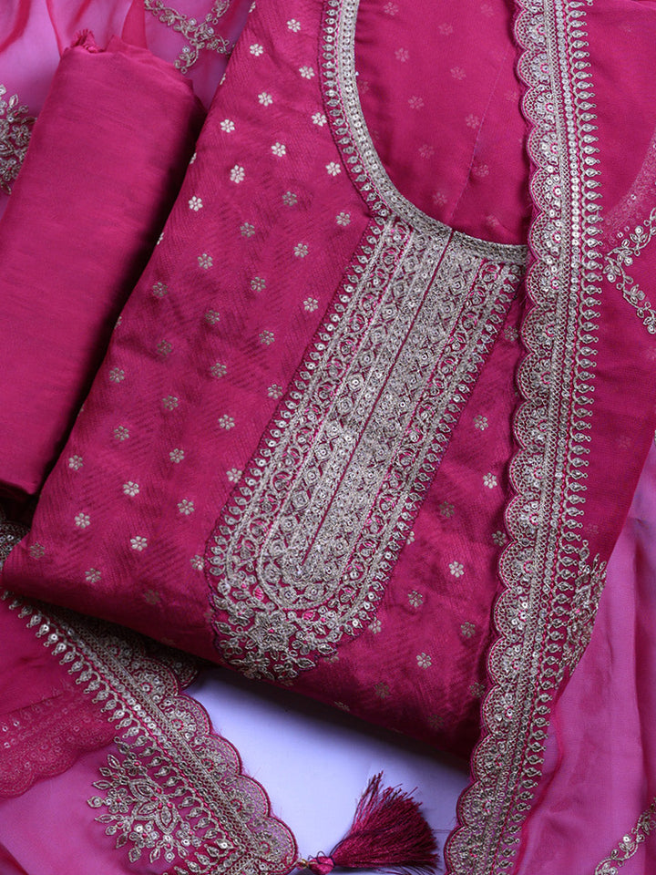 Embroidered Art Silk Unstitched Suit With Pant &amp; Dupatta