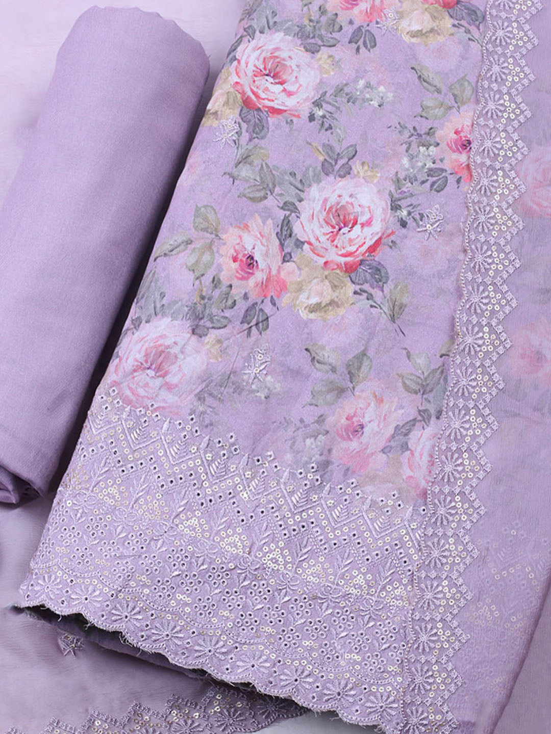 Embroidered Chanderi Unstitched Suit With Pant &amp; Dupatta