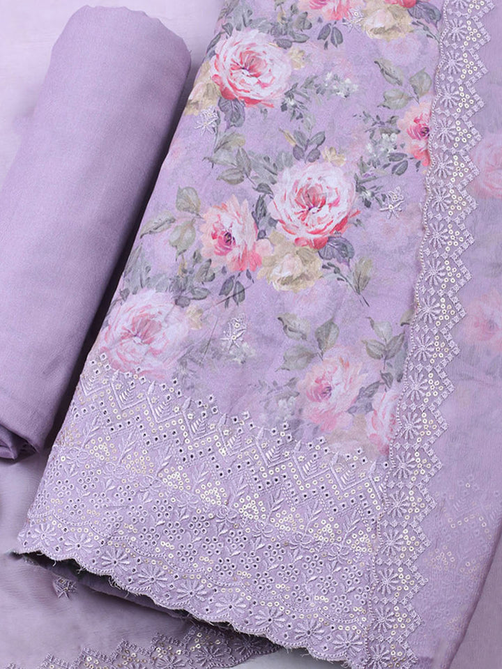 Embroidered Chanderi Unstitched Suit With Pant &amp; Dupatta