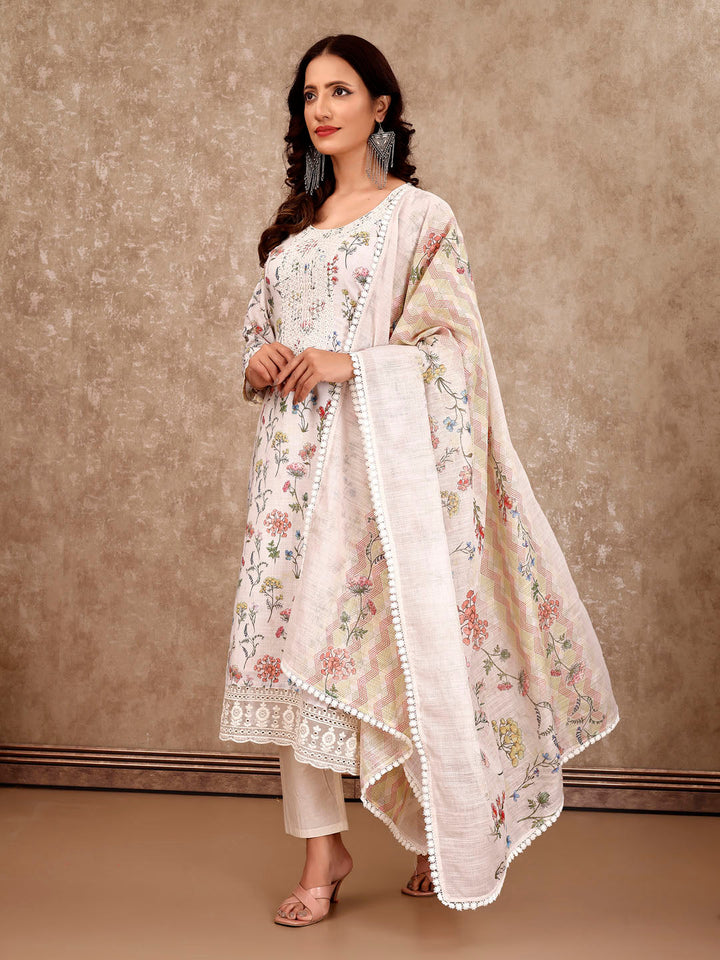 Neck Embroidery Cotton Blend Kurta With Pants &amp; Dupatta