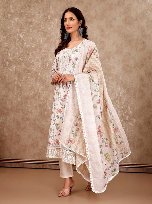 Neck Embroidery Cotton Blend Kurta With Pants & Dupatta